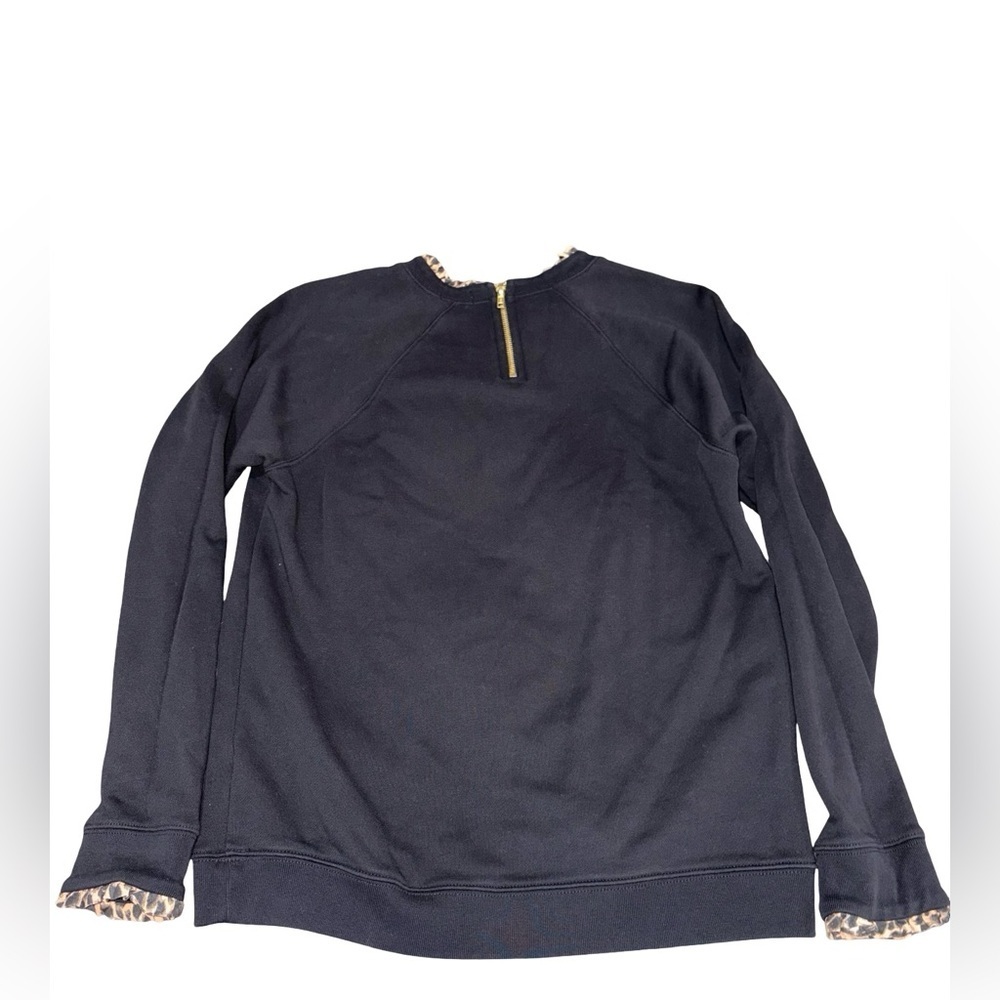 J.Crew Black Crewneck Sweatshirt Leopard Trim 100% Cotton Size M Basics Cozy - Picture 2 of 9
